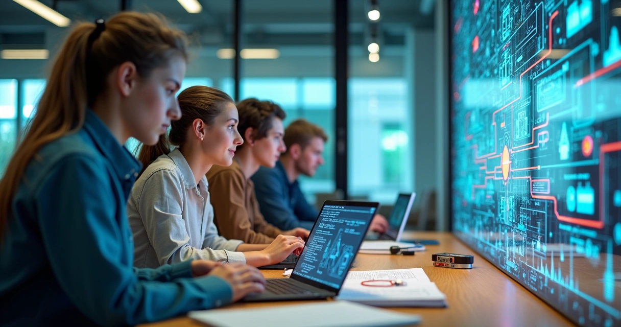 Jovens em laboratório técnico virtual estudando em notebooks 