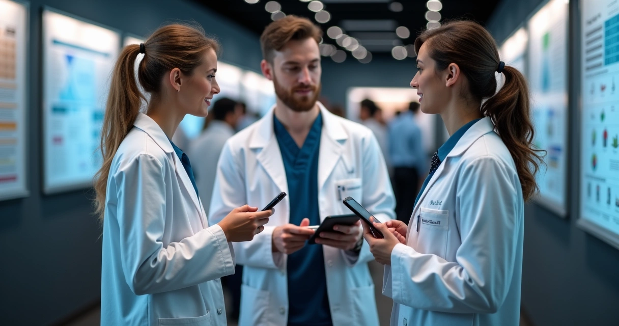 Jovens médicos conversando em evento científico 