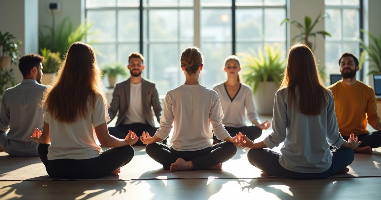 Jovens sentados em círculo em ambiente de escritório praticando meditação 