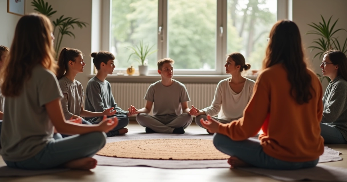 Grupo de adolescentes sentados em círculo meditanto
