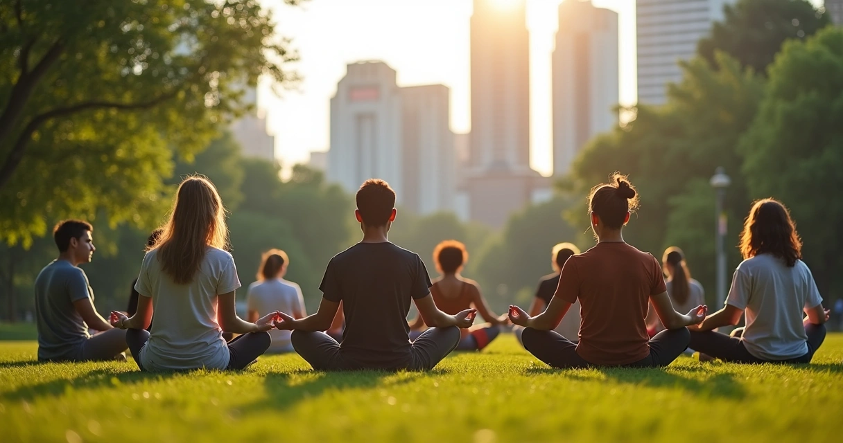 Jovens sentados em círculo praticando meditação em parque urbano 