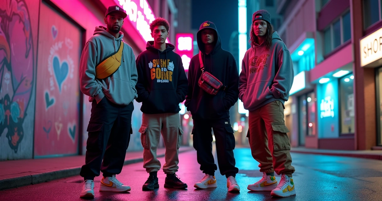 Grupo de jovens com looks streetwear hypados em cenário urbano noturno 