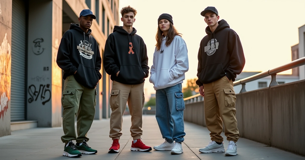 Grupo de jovens usando streetwear colorido em cenário urbano moderno 