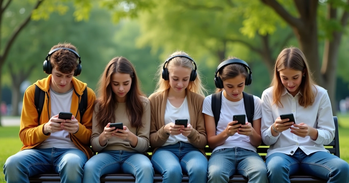 Adolescentes usando celular juntos, sentados em banco de praça 