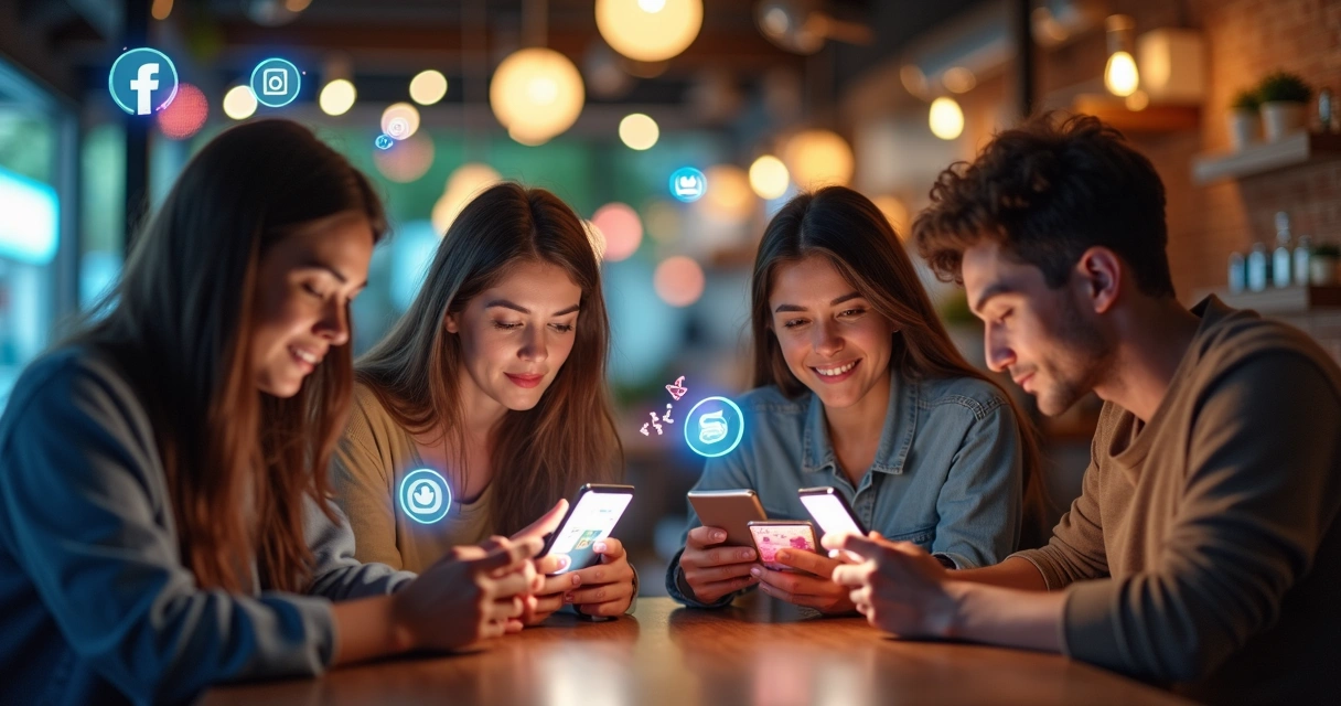 Quatro jovens olhando para celulares, navegando em uma timeline animada