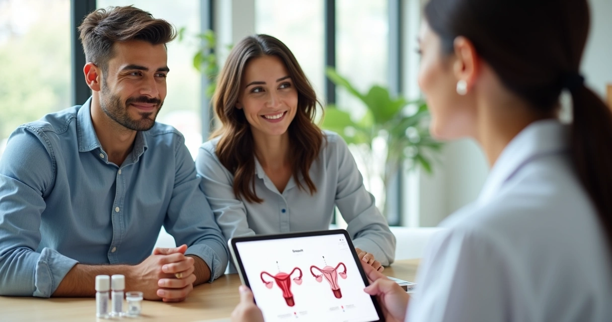 Casal jovem conversando com médica sobre opções de preservação da fertilidade 