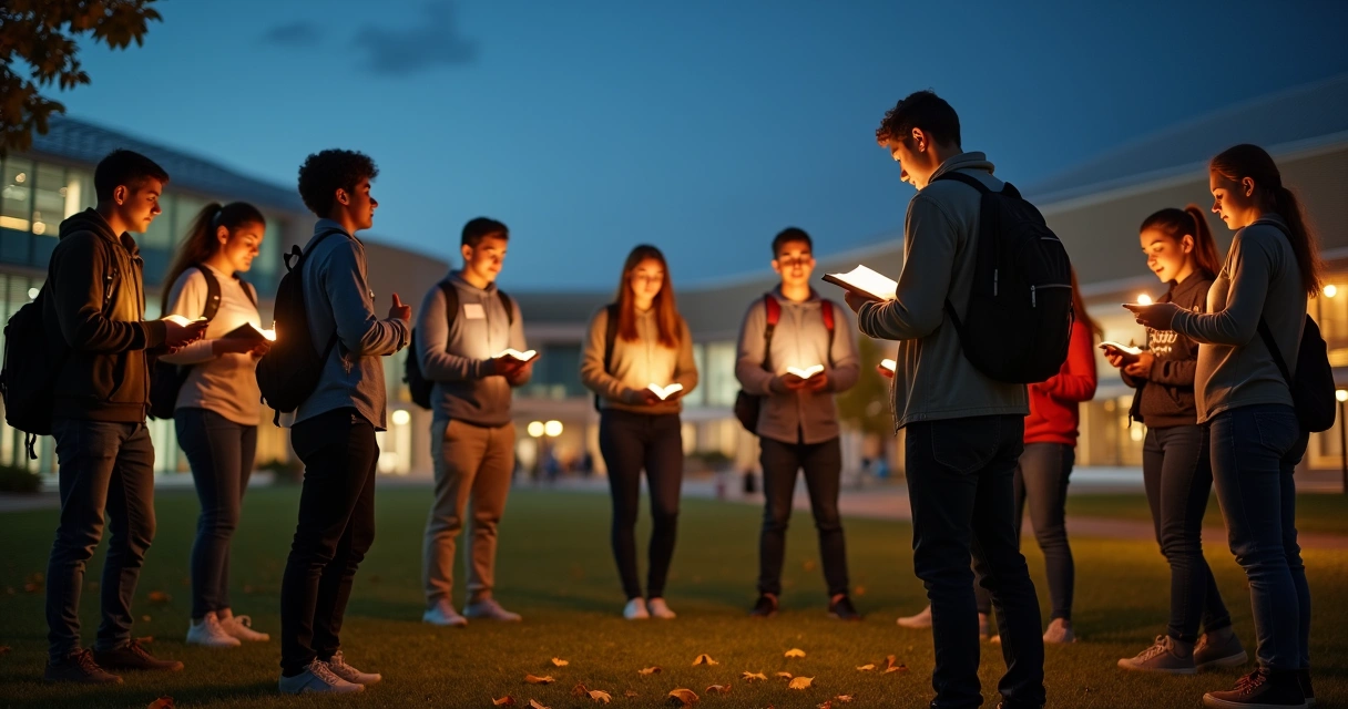 Grupo de universitários da geração Z orando juntos em gramado de campus à noite 