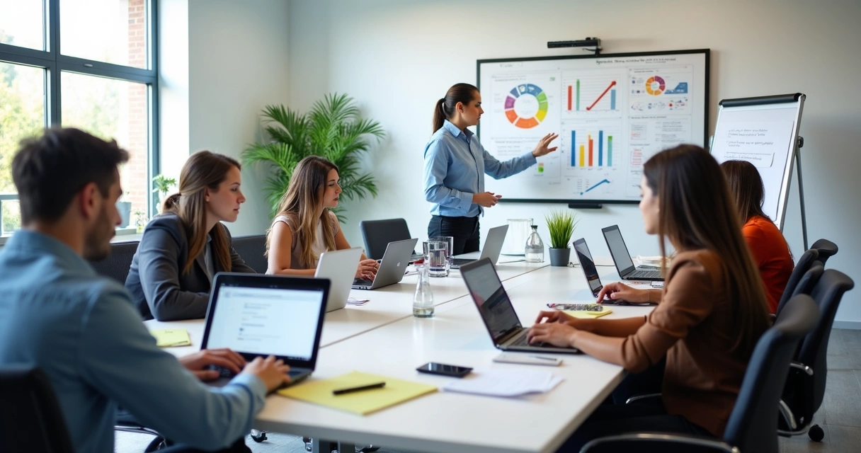 Grupo de jovens profissionais participando de treinamento técnico em sala moderna com laptops e quadros brancos 
