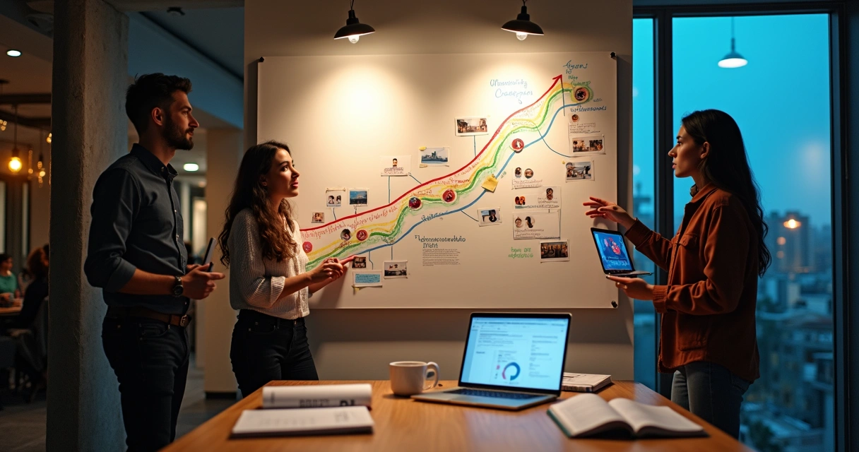 Grupo de jovens analisa rota de carreira política em painel com mapa da cidade 