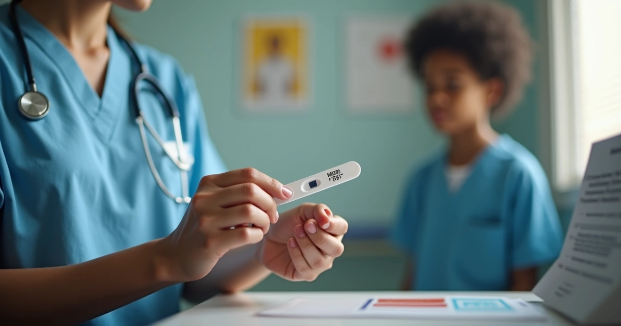 Jovem fazendo teste rápido de HIV em consultório, com profissional ao lado orientando.
