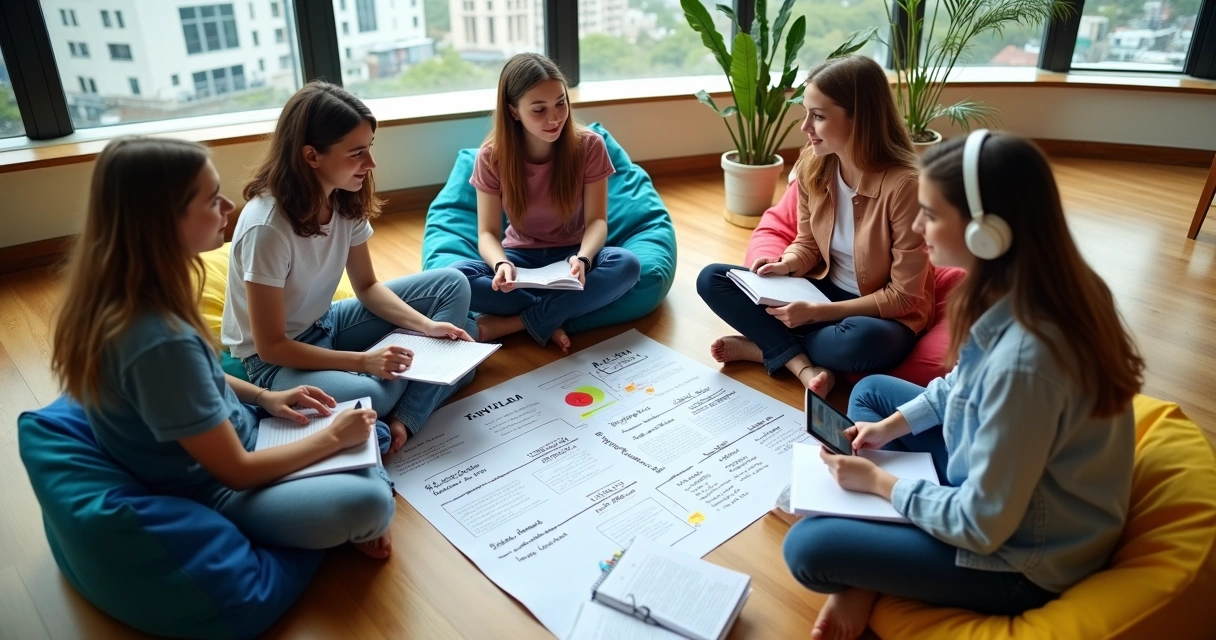 Jovens sentados no chão estudando em grupo para exame de inglês básico 