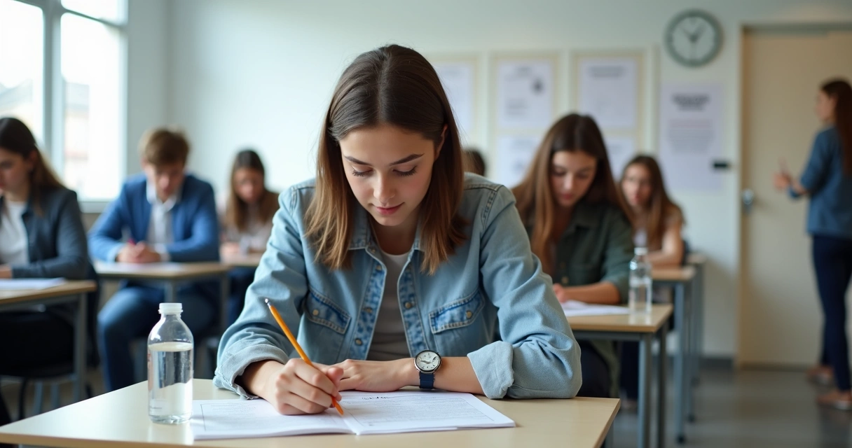 Jovens fazendo prova de inglês em ambiente de exame oficial 