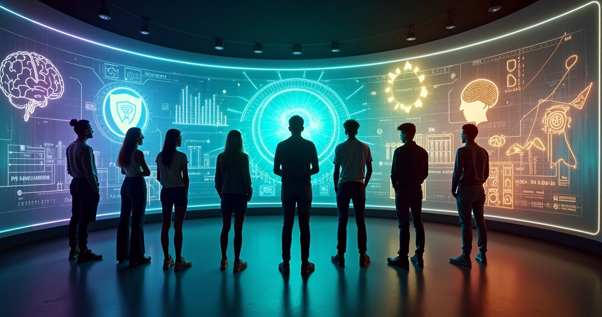 Grupo de jovens observando projeções coloridas de carreiras do futuro em ambiente escuro futurista 