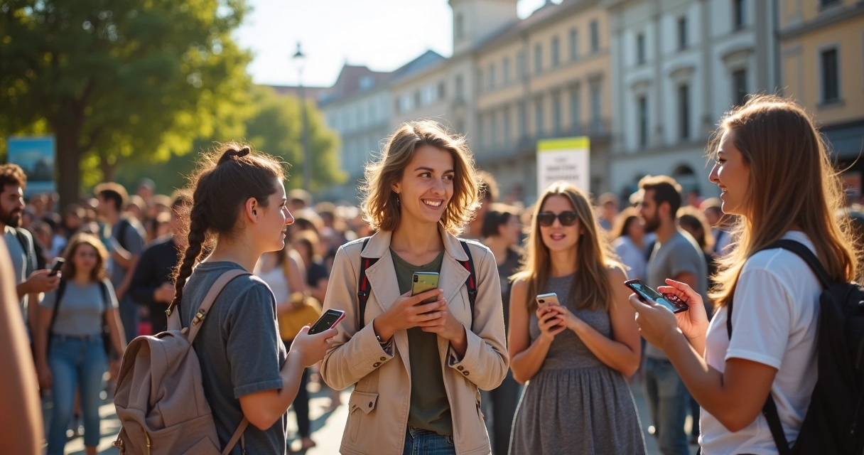 Grupo de jovens participando de um debate político em um espaço aberto, com celulares na mão