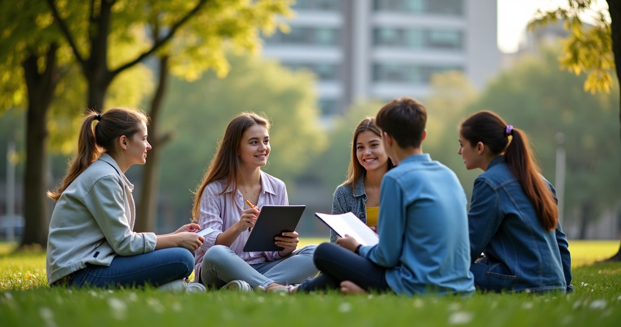 Jovens sentados em grupo, refletindo sobre escolhas profissionais 