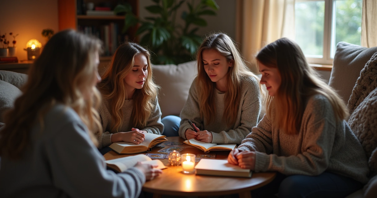 Jovens refletindo sentados entre livros e símbolos espirituais 