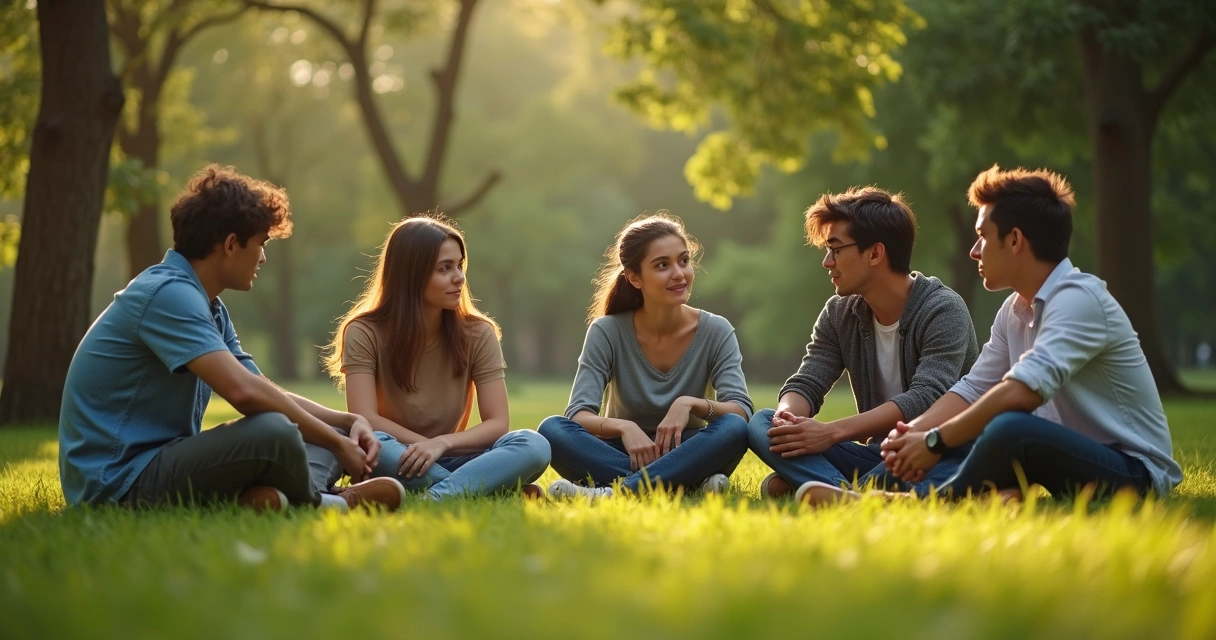 Grupo de jovens sentados conversando em círculo, parecendo refletir sobre relacionamentos