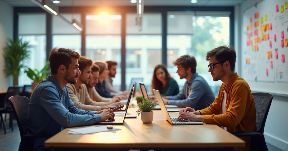 Jovens reunidos em mesa de trabalho compartilhada, laptops abertos, ambiente moderno de escritório 