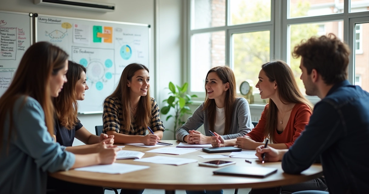 Jovens discutindo em sala de aula sobre um tema em grupo 