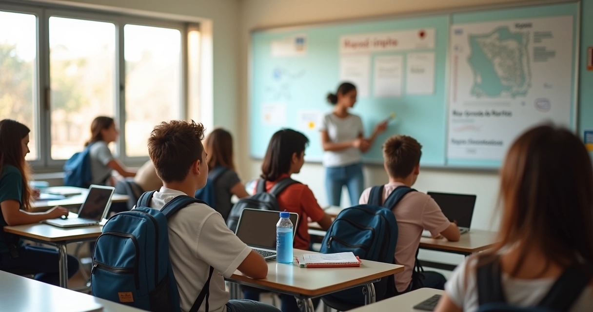 Jovens potiguares em sala de aula, com cadernos e notebooks. 