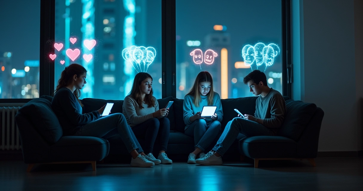 Jovens olhando telas em espaço escuro com silhuetas emocionais projetadas ao redor 