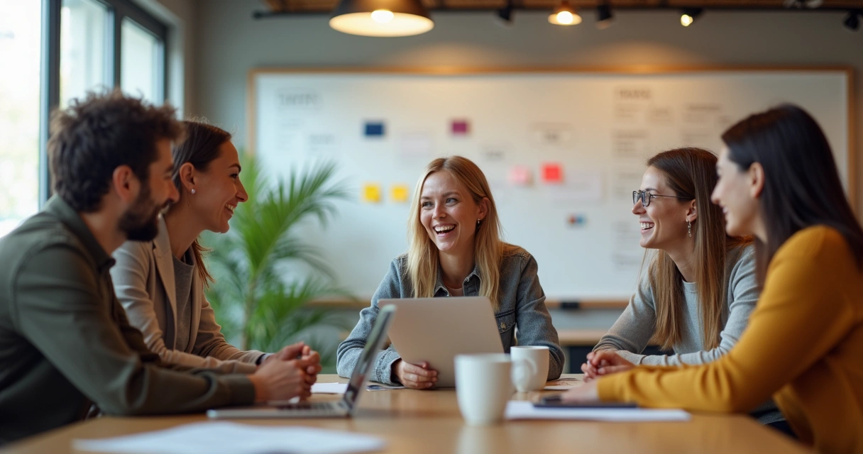 Jovens sorrindo e trabalhando juntos em ambiente de escritório moderno 