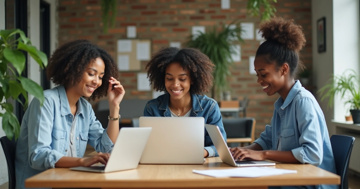Três jovens adultos em escritório moderno trabalhando em laptops