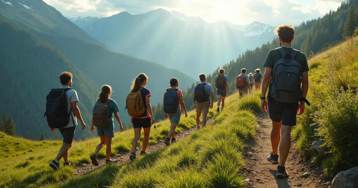 Jovens caminhando em trilha, cada um escolhendo diferentes direções