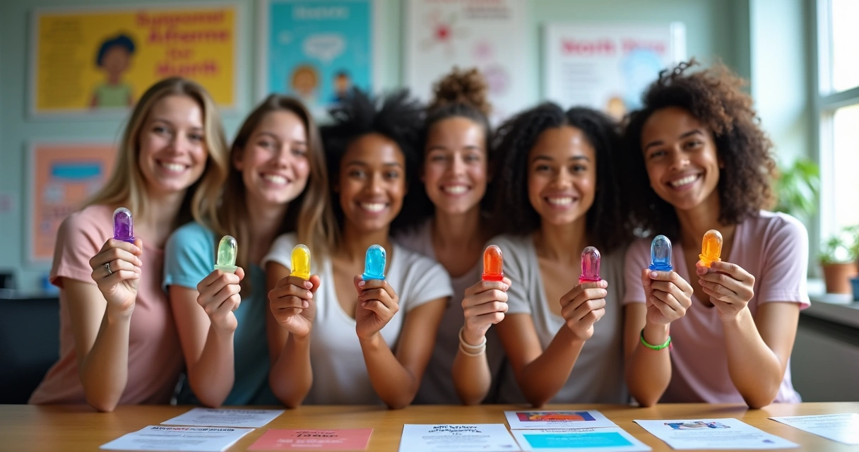 Jovens segurando preservativos coloridos.