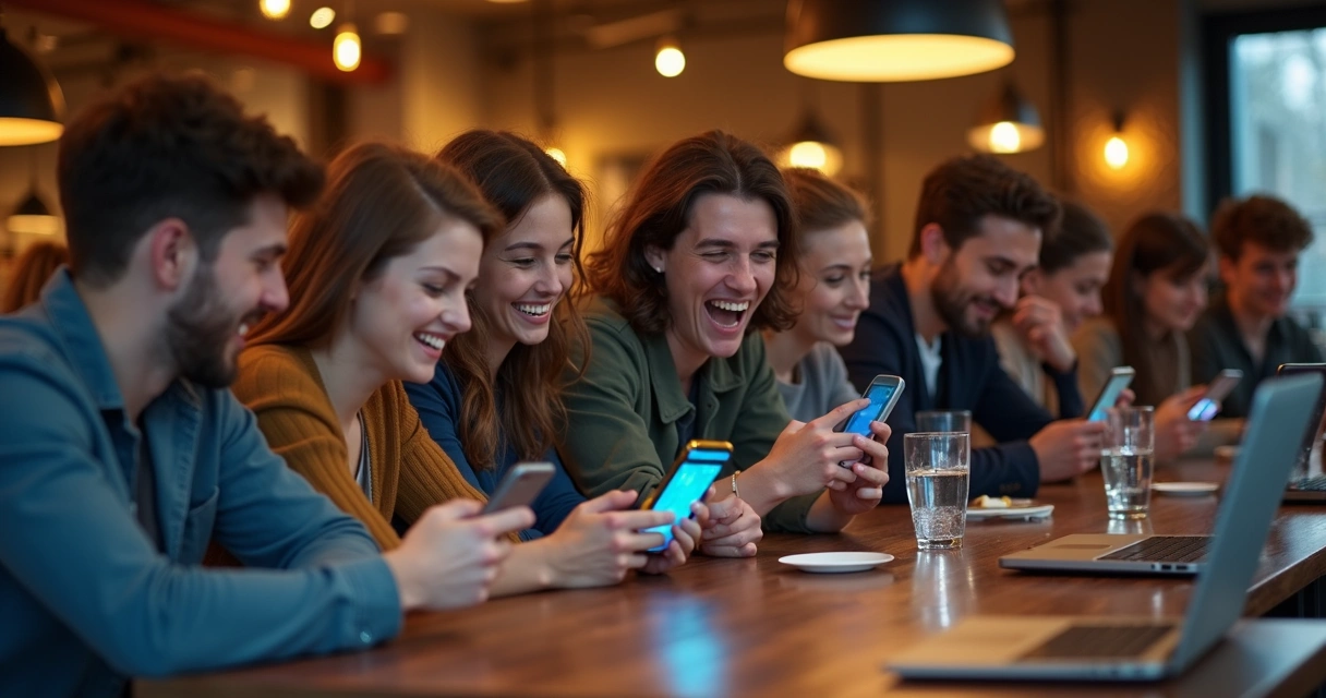 Jovens olhando para celulares em uma cafeteria 
