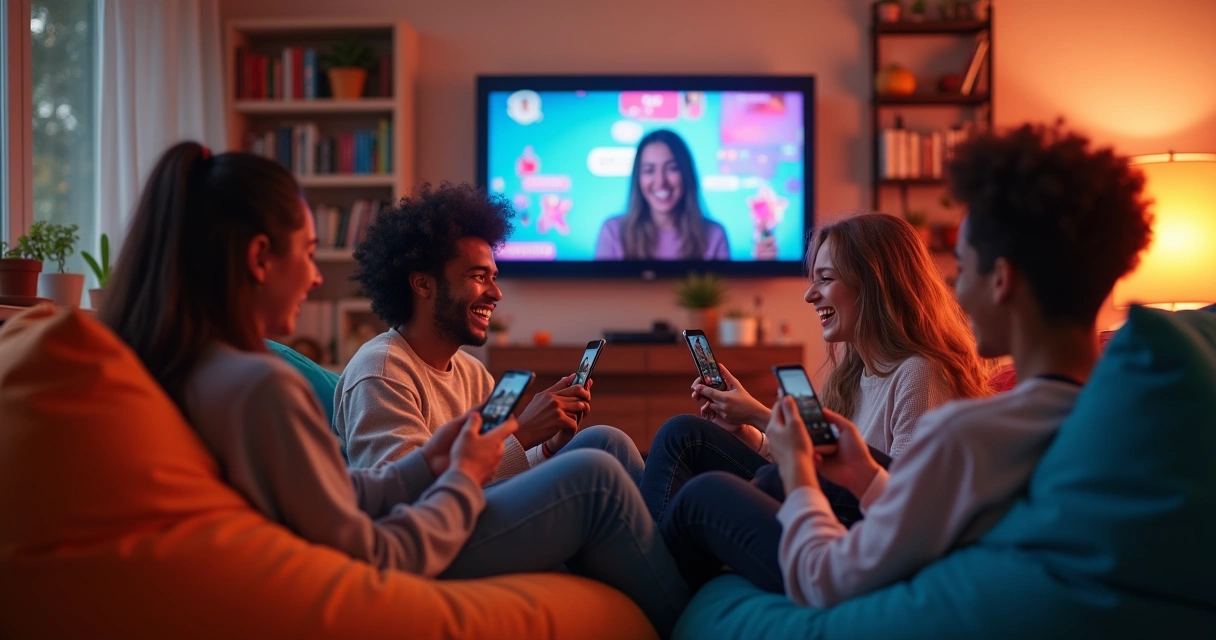 Jovens sentados juntos, assistindo vídeos curtos em celulares. 