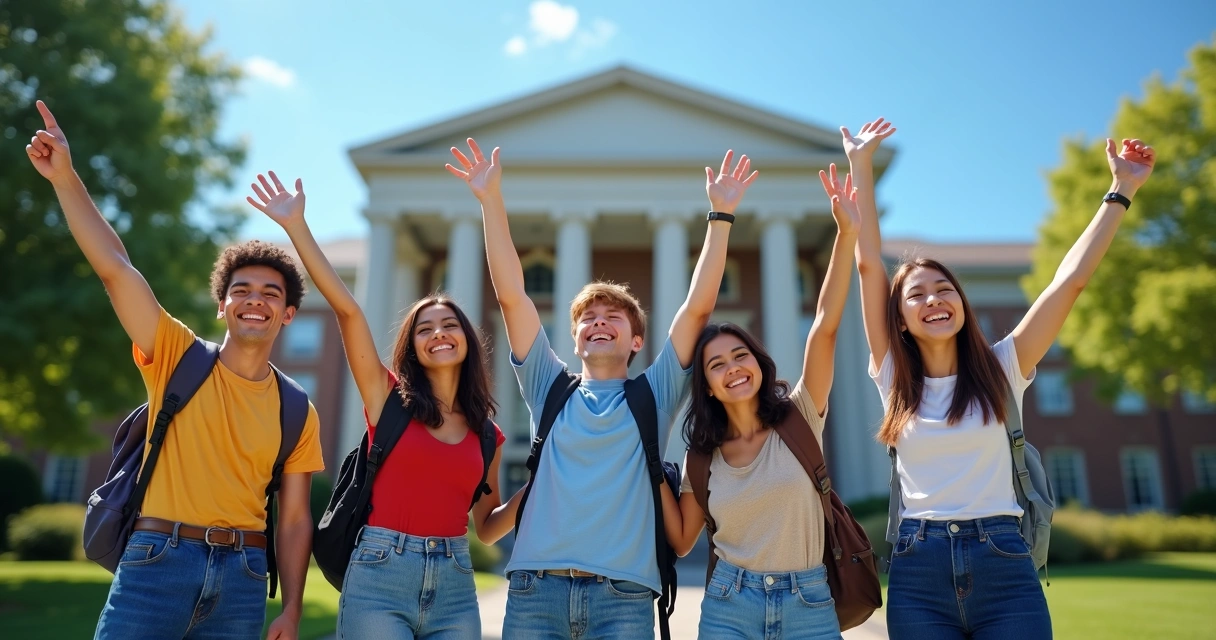 Grupo de jovens sorrindo em frente à universidade, celebrando juntos 