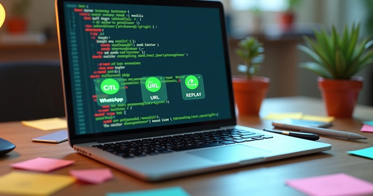 Código JSON de botões do WhatsApp em tela de notebook 