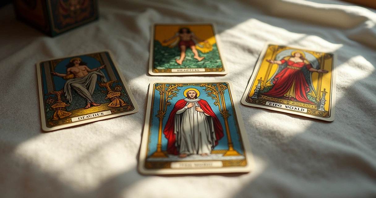 Tarot spread with Judgement and other major arcana cards. 