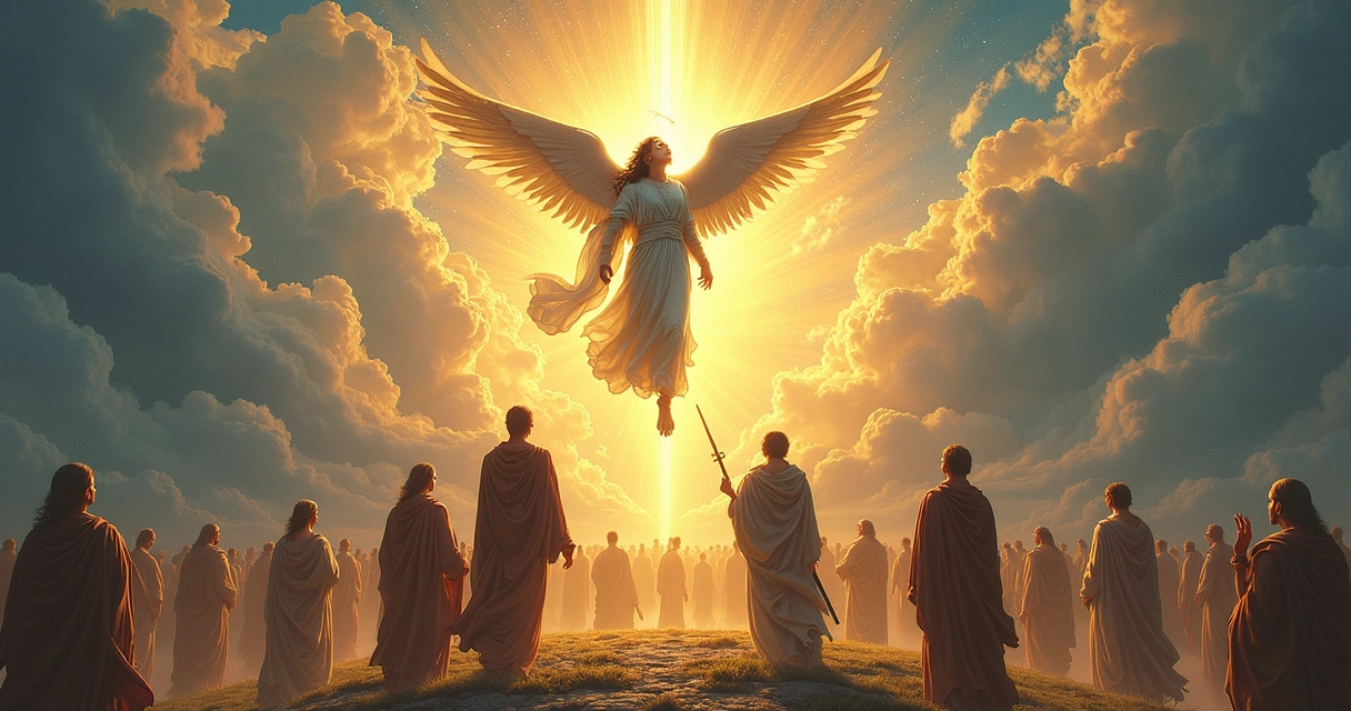 Detailed photorealistic Judgement tarot card showing angel blowing trumpet above rising figures under a bright sky 