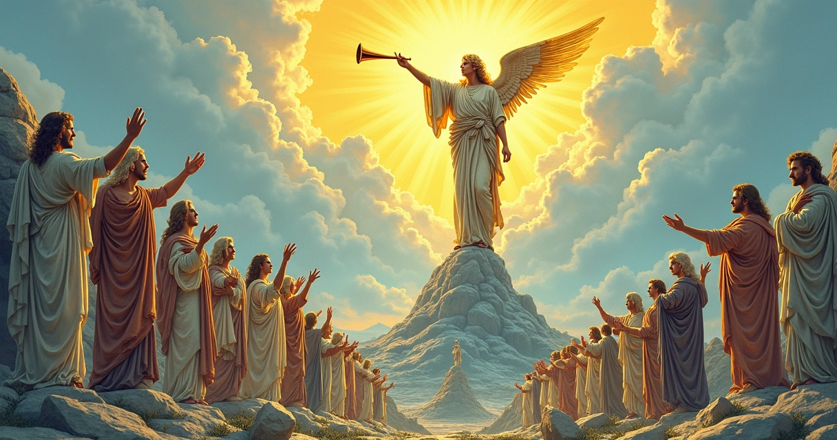 Tarot Judgement card with angel blowing trumpet, people rising from coffins. 