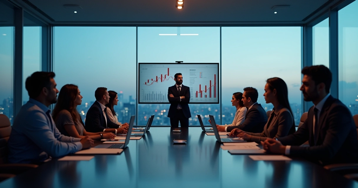 Executives in a glass office divided by a shadowed wall of judgment and distrust 