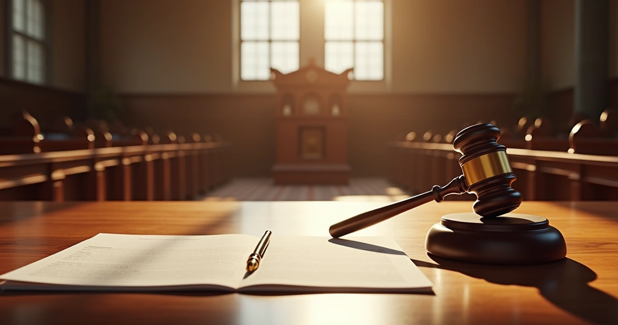 Empty auction room with judge’s gavel and property documents on table 