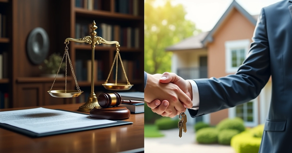 Detailed comparison of judicial and extrajudicial real estate auctions with scales and court documents on one side and handshake with house keys on the other 