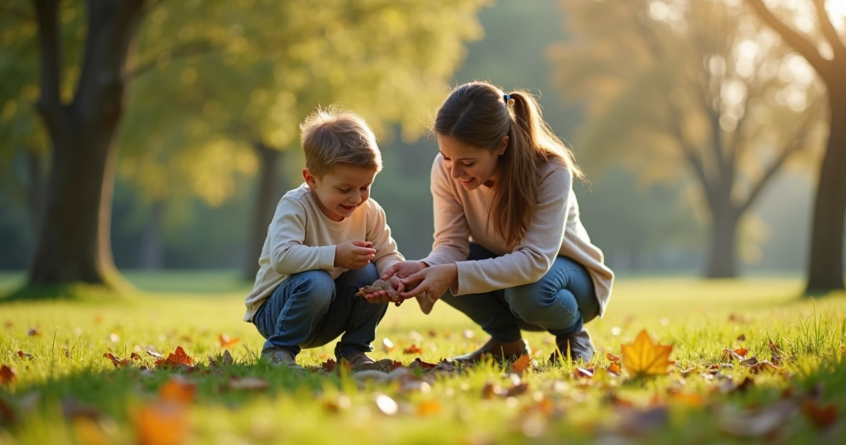 Niño y adulto observando hojas en un parque tranquilo 
