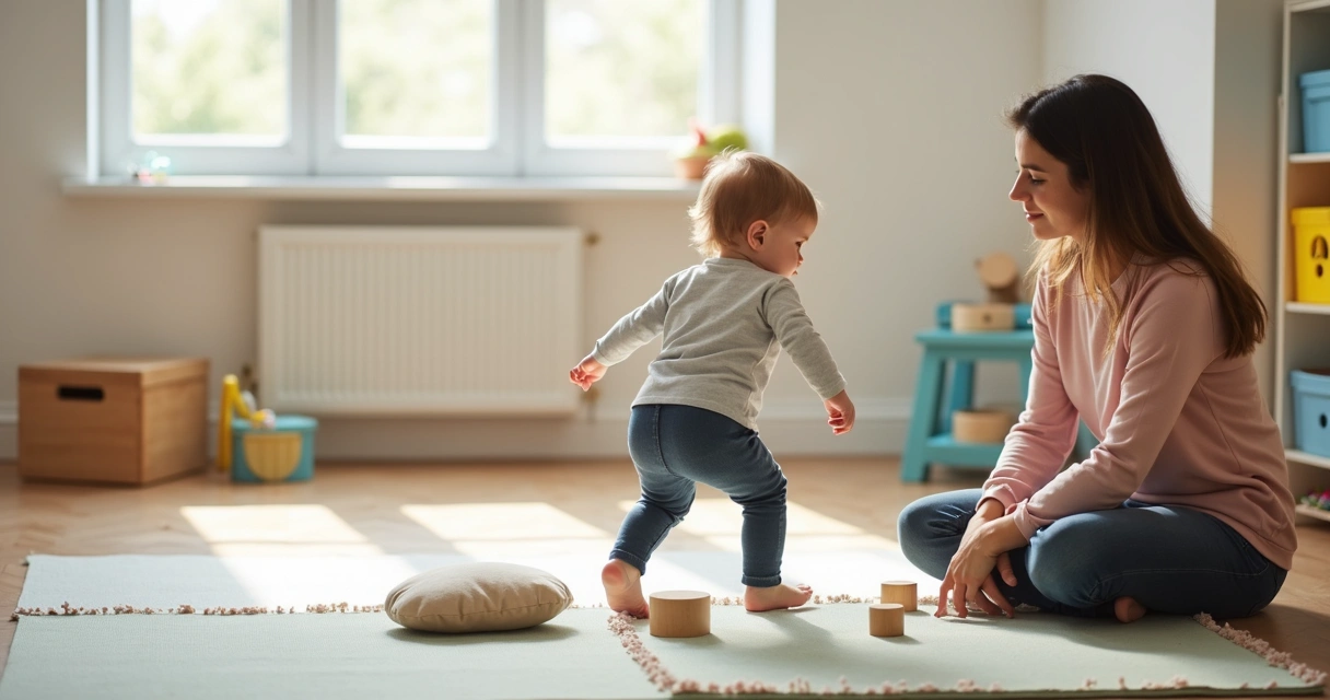 Niño realizando juego psicomotor con acompañamiento adulto
