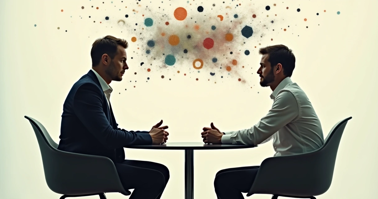 Dos personas sentadas frente a frente, ambas con expresiones pensativas, entre ellas símbolos abstractos que representan pensamientos y juicios internos entrelazados. 