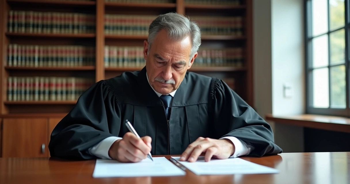 Juiz analisando documentos jurídicos em sala de audiências moderna com expressão séria 