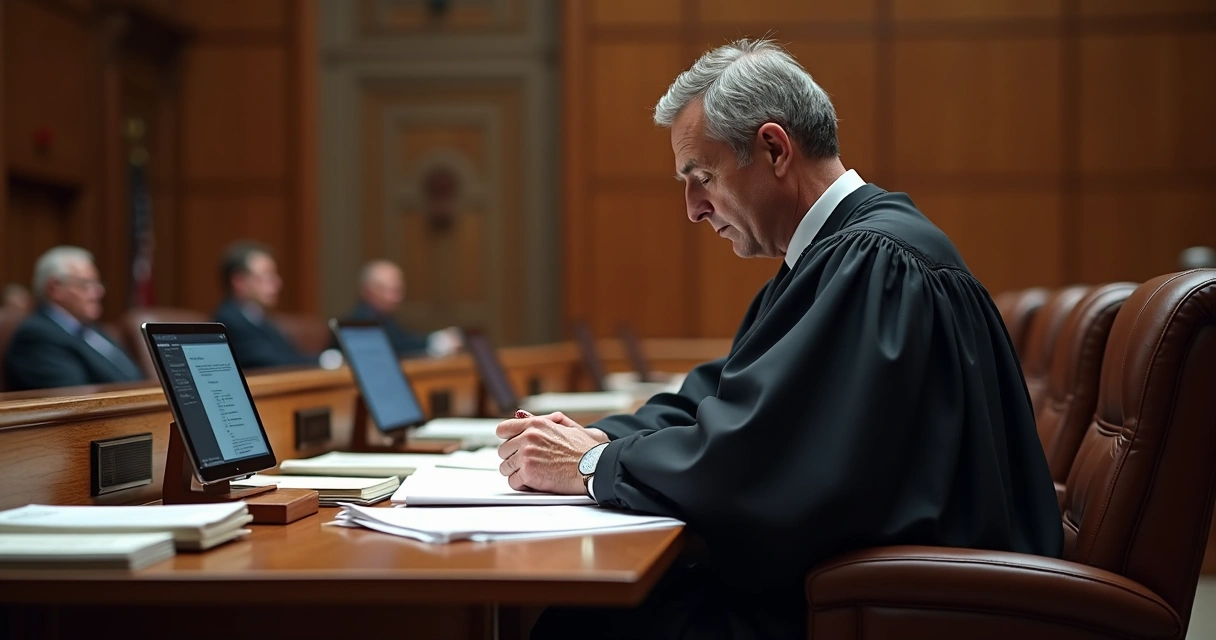 Juiz sentado à mesa analisando documentos e provas no tribunal 