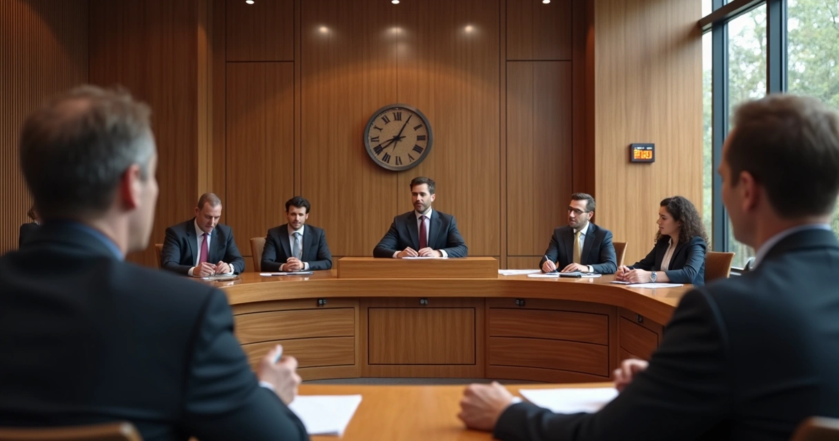 Juiz presidindo audiência de conciliação com advogados e partes sentados 