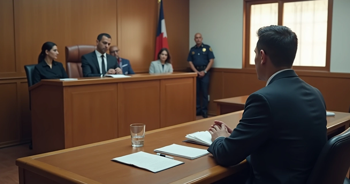 Juiz conduz audiência de custódia com detido e advogado em sala de audiência 