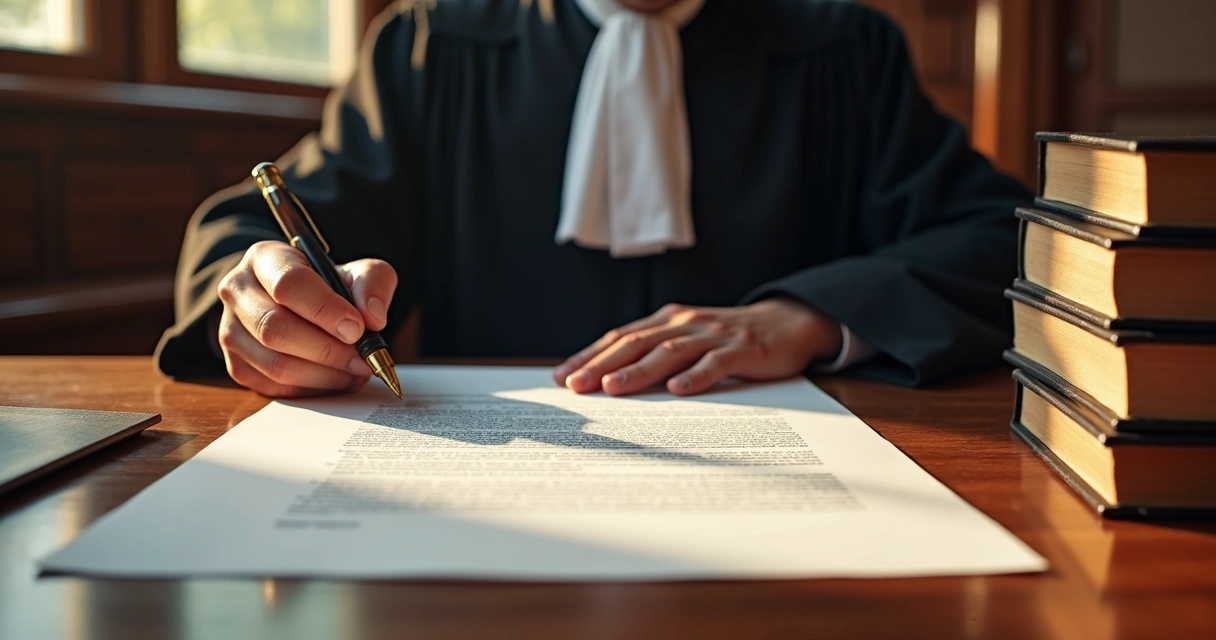 Juiz sentado à mesa assinando mandado judicial 