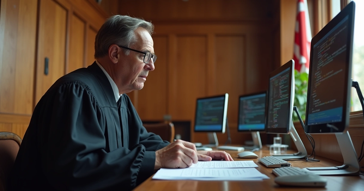 Juiz com toga digitando sentença em computador no tribunal 