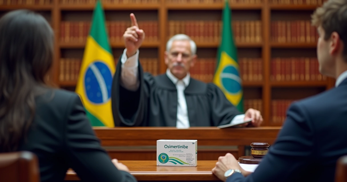 Juiz em tribunal decidindo sobre medicamento de alto custo 
