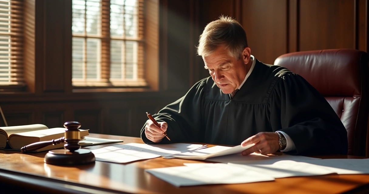 Juiz analisando documentos bancários para autorizar quebra de sigilo 